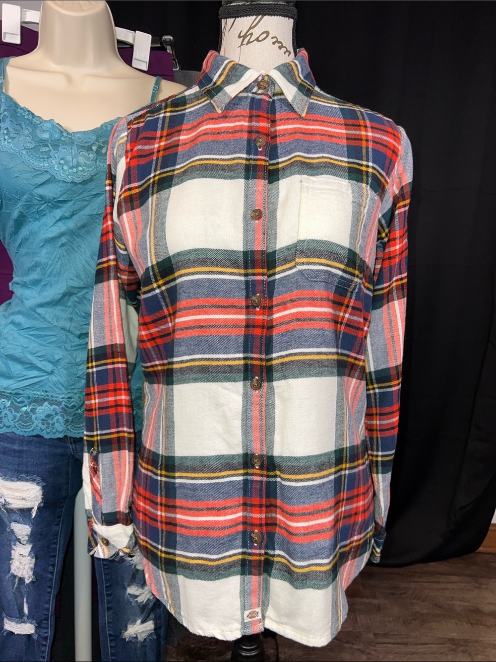 Dickies Women's Plaid Button-Down Shirt - Red, Blue & White